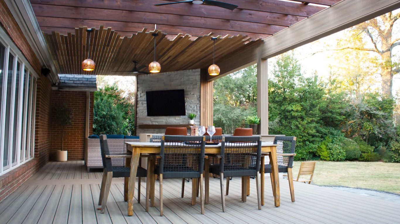 Covered deck with heating and shade solutions for year-round comfort